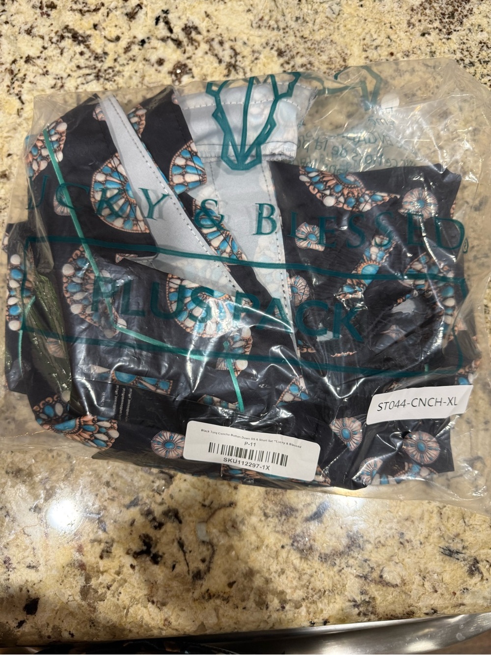 Lucky & Blessed Black Short Set with Teal and Coral Medallion Print - Picture 4 of 4